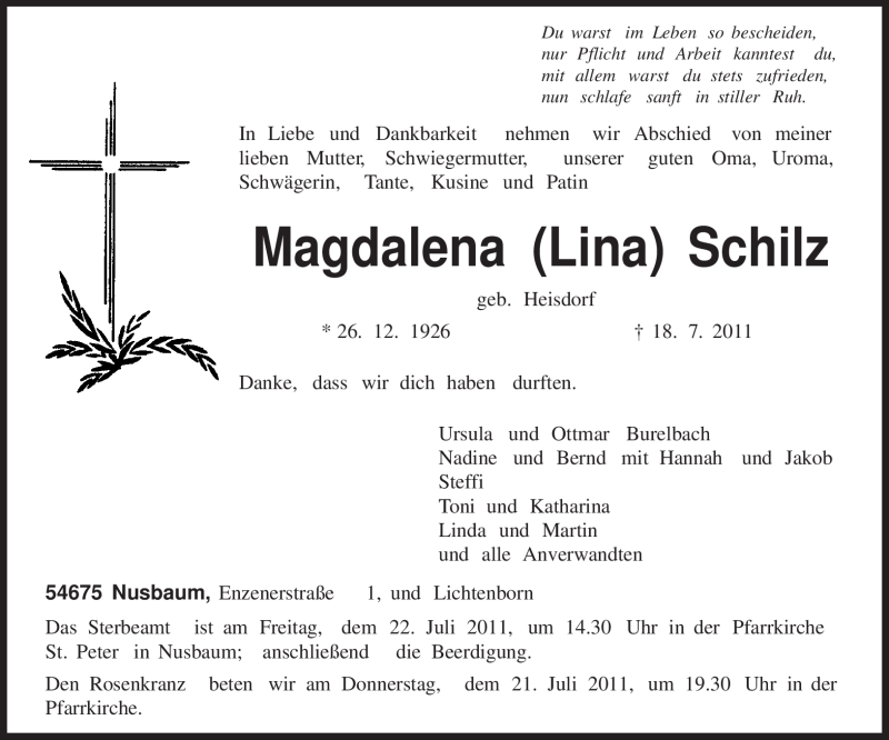 Traueranzeige für Magdalena Schilz vom 20.07.2011 aus TRIERISCHER VOLKSFREUND