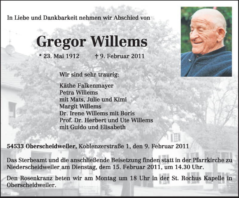  Traueranzeige für Gregor Willems vom 12.02.2011 aus TRIERISCHER VOLKSFREUND