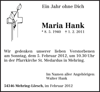 Traueranzeige von Maria Hank von TRIERISCHER VOLKSFREUND
