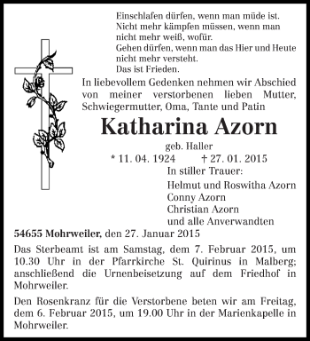 Traueranzeige von Katharina Azorn von trierischer_volksfreund