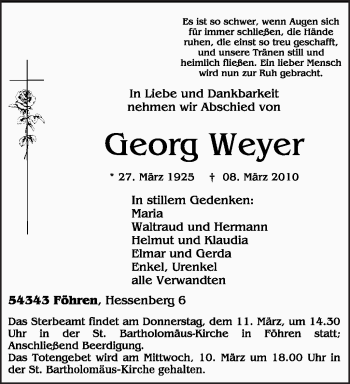 Traueranzeige von Georg Weyer von TRIERISCHER VOLKSFREUND