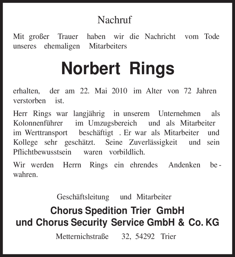 Traueranzeigen Von Norbert Rings | Volksfreund.Trauer.de