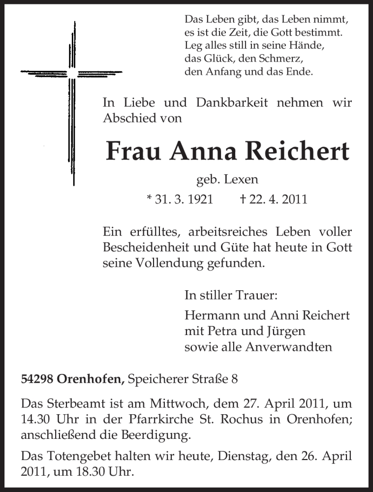  Traueranzeige für Anna Reichert vom 26.04.2011 aus TRIERISCHER VOLKSFREUND