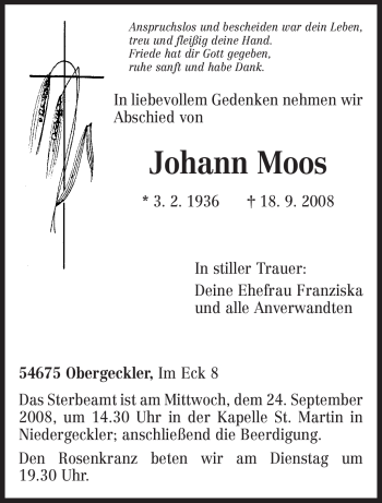 Traueranzeige von Johann Moos von TRIERISCHER VOLKSFREUND