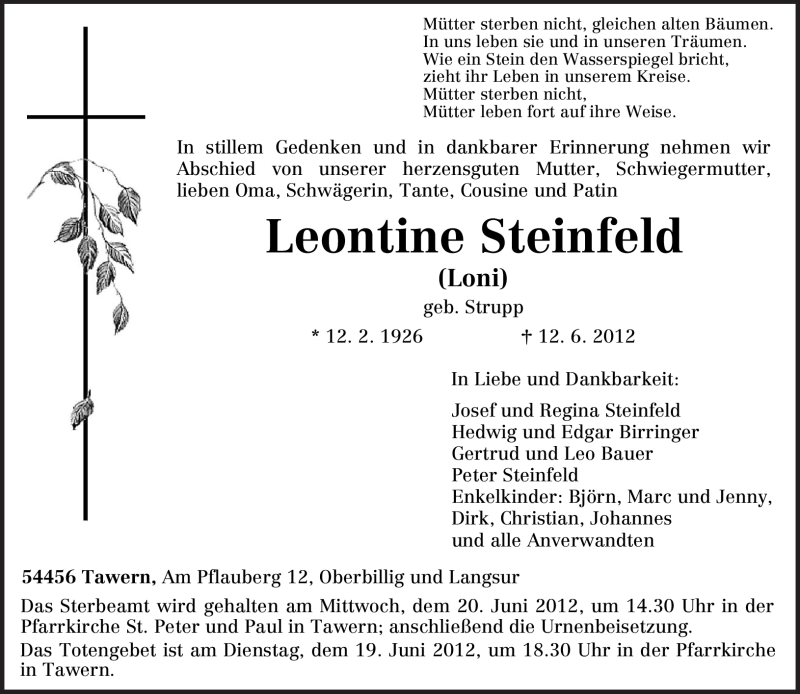  Traueranzeige für Leontine Steinfeld vom 16.06.2012 aus TRIERISCHER VOLKSFREUND