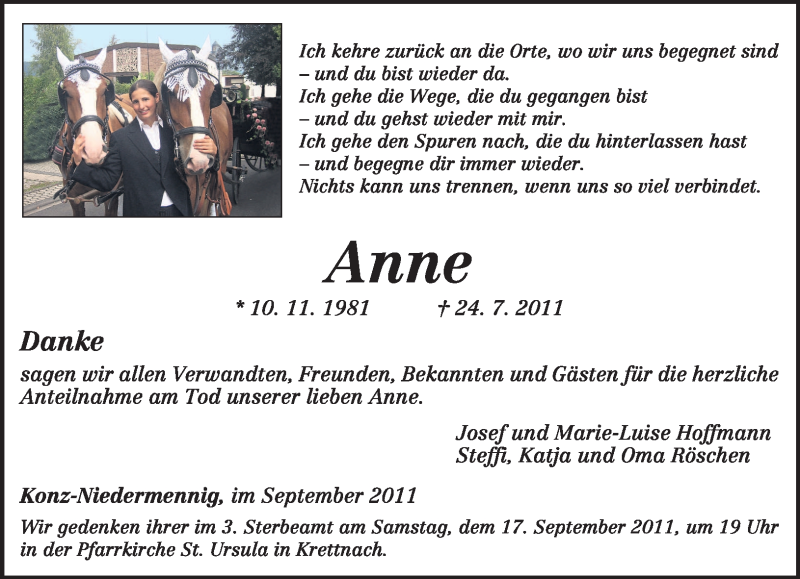  Traueranzeige für Anne Hoffmann vom 10.09.2011 aus TRIERISCHER VOLKSFREUND