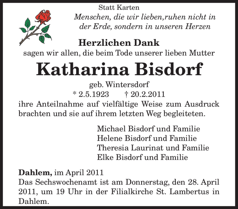  Traueranzeige für Katharina Bisdorf vom 23.04.2011 aus TRIERISCHER VOLKSFREUND
