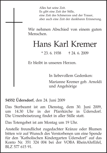 Traueranzeige von Hans Karl Kremer von TRIERISCHER VOLKSFREUND