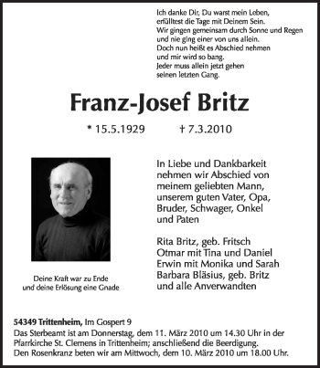 Traueranzeige von Franz-Josef Britz von TRIERISCHER VOLKSFREUND