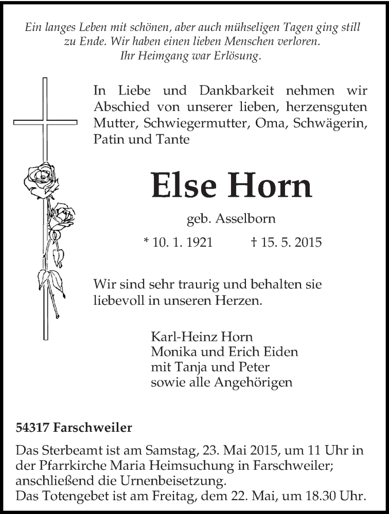  Traueranzeige für Else Horn vom 19.05.2015 aus trierischer_volksfreund