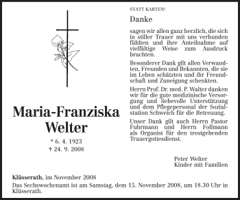 Traueranzeige von Maria-Franziska Welter von TRIERISCHER VOLKSFREUND