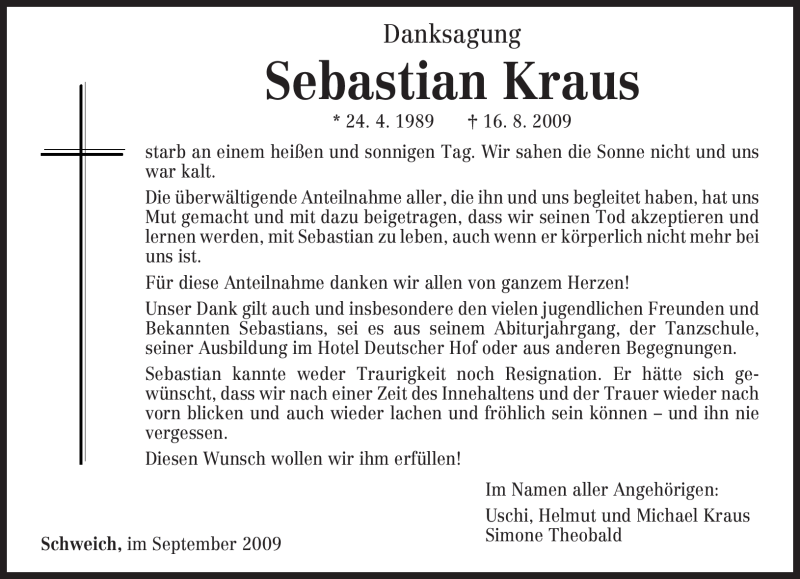  Traueranzeige für Sebastian Kraus vom 19.09.2009 aus TRIERISCHER VOLKSFREUND