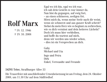 Traueranzeige von Rolf Marx von TRIERISCHER VOLKSFREUND