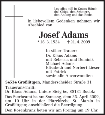 Traueranzeige von Josef Adams von TRIERISCHER VOLKSFREUND