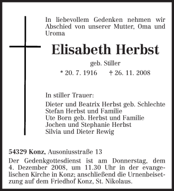 Traueranzeige von Elisabeth Herbst von TRIERISCHER VOLKSFREUND