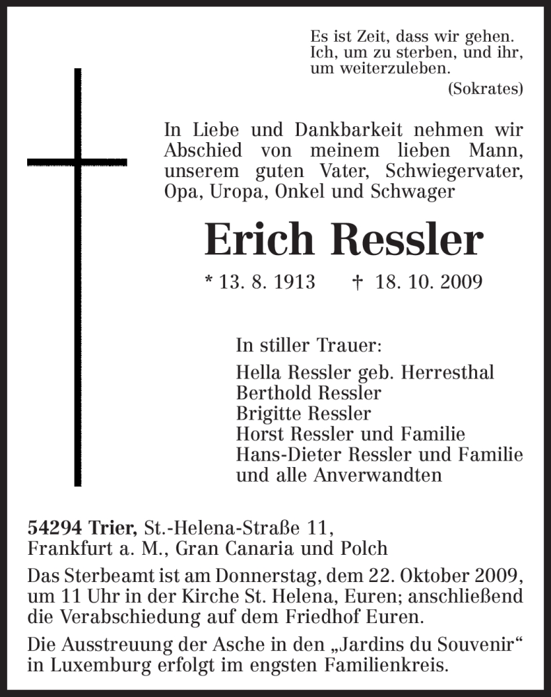  Traueranzeige für Erich Ressler vom 20.10.2009 aus TRIERISCHER VOLKSFREUND
