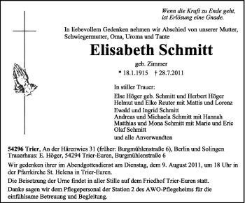 Traueranzeige von Elisabeth Schmitt von TRIERISCHER VOLKSFREUND