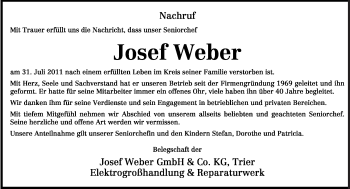 Traueranzeige von Josef Weber von TRIERISCHER VOLKSFREUND