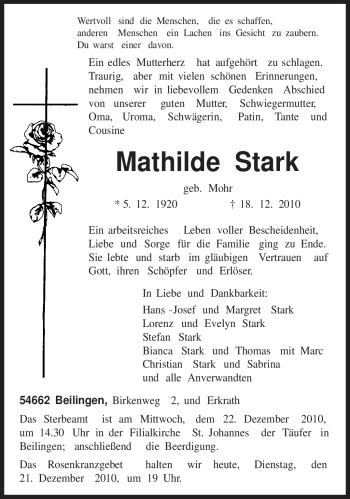 Traueranzeige von Mathilde Stark von TRIERISCHER VOLKSFREUND