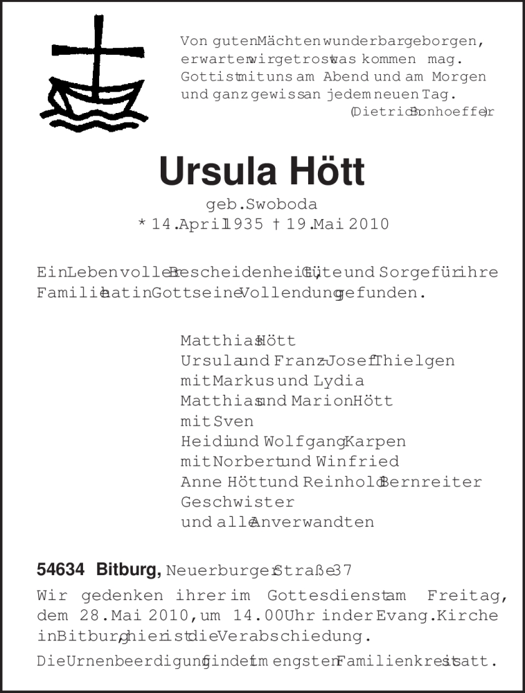  Traueranzeige für Ursula Hött vom 26.05.2010 aus TRIERISCHER VOLKSFREUND