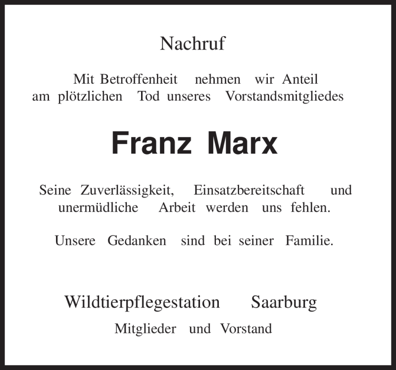  Traueranzeige für Franz Marx vom 04.08.2010 aus TRIERISCHER VOLKSFREUND