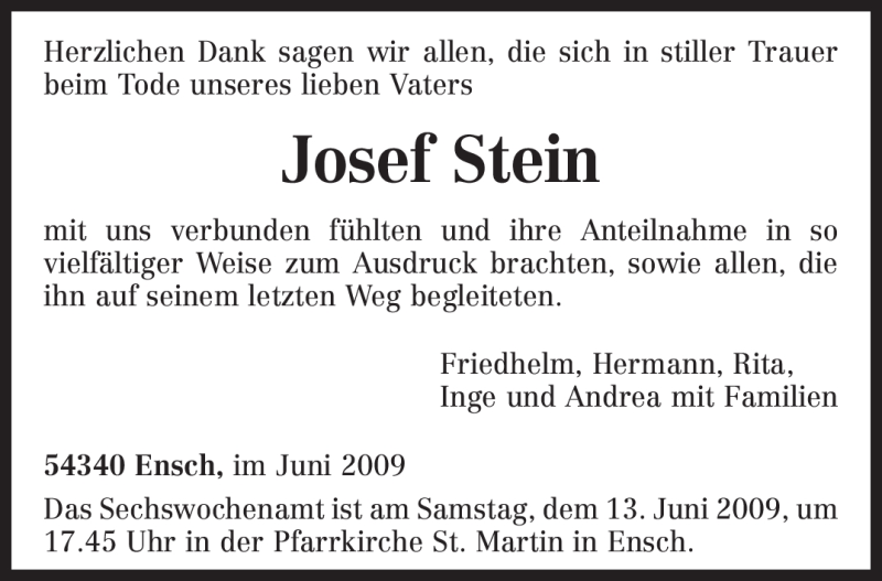 Traueranzeige für Josef Stein vom 11.06.2009 aus TRIERISCHER VOLKSFREUND