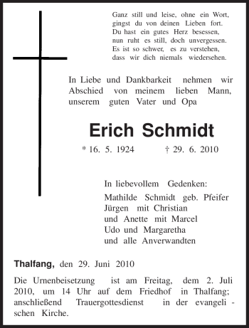 Traueranzeige von Erich Schmidt von TRIERISCHER VOLKSFREUND