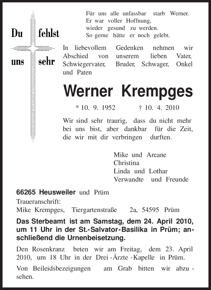  Traueranzeige für Werner Krempges vom 17.04.2010 aus TRIERISCHER VOLKSFREUND