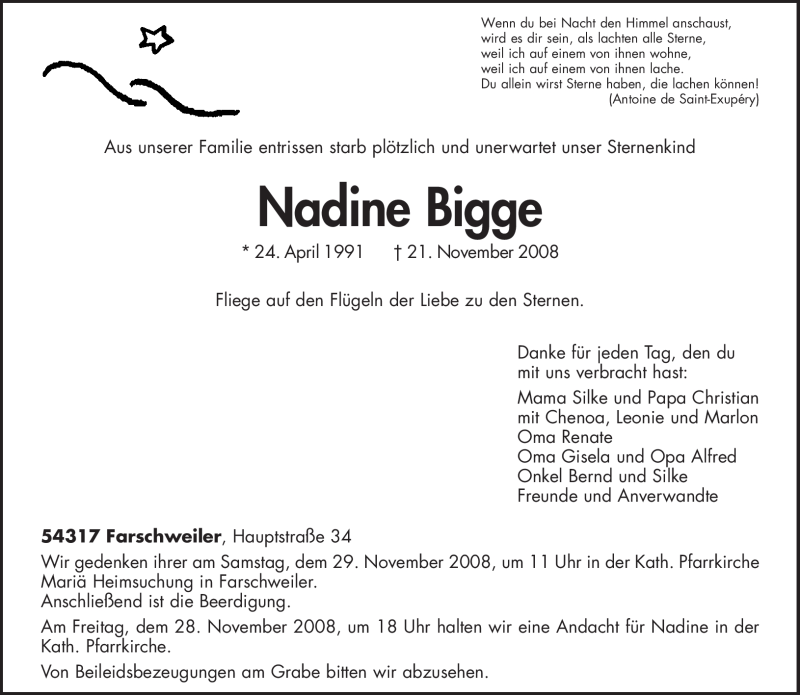  Traueranzeige für Nadine Bigge vom 26.11.2008 aus TRIERISCHER VOLKSFREUND