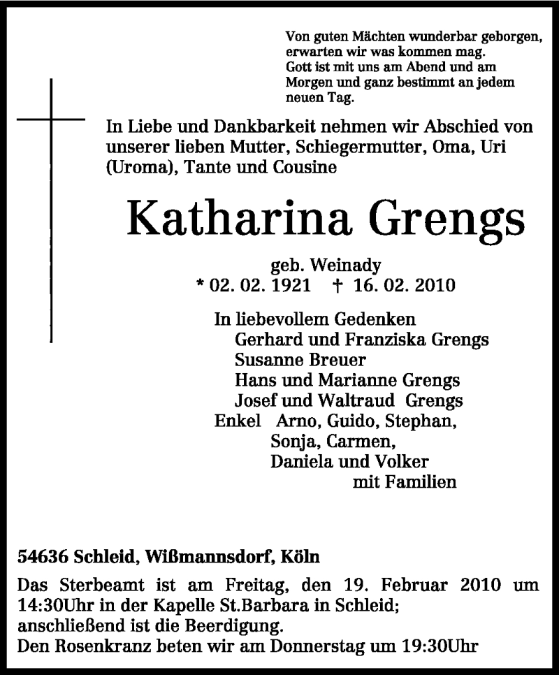  Traueranzeige für Katharina Grengs vom 18.02.2010 aus TRIERISCHER VOLKSFREUND