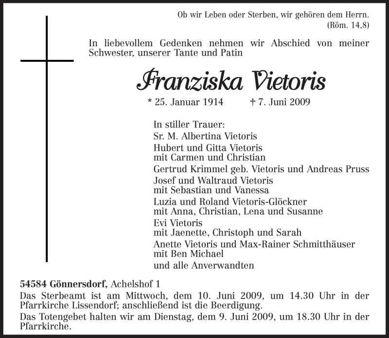  Traueranzeige für Franziska Vietoris vom 09.06.2009 aus TRIERISCHER VOLKSFREUND