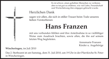 Traueranzeige von Hans Franzen von TRIERISCHER VOLKSFREUND