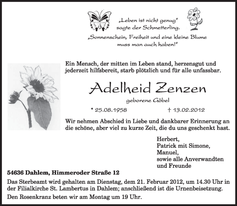  Traueranzeige für Adelheid Zenzen vom 18.02.2012 aus TRIERISCHER VOLKSFREUND