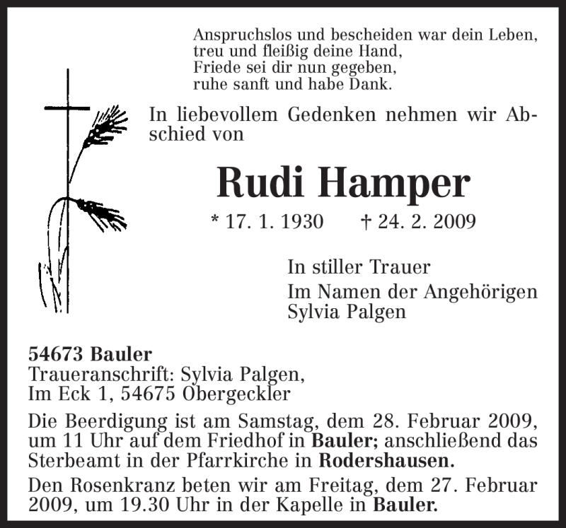  Traueranzeige für Rudi Hamper vom 26.02.2009 aus TRIERISCHER VOLKSFREUND