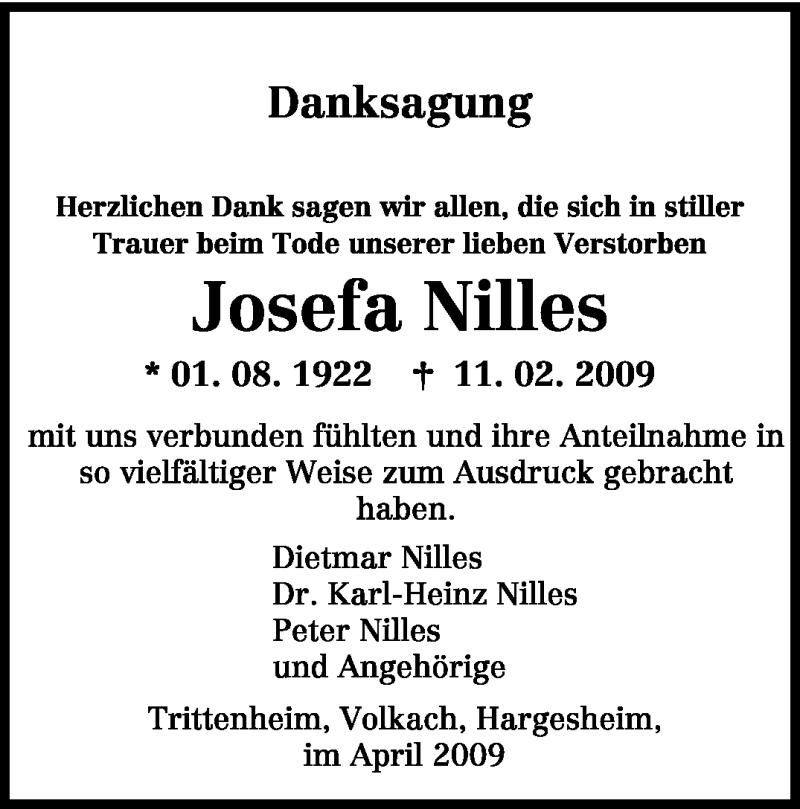  Traueranzeige für Josefa Nilles vom 25.04.2009 aus TRIERISCHER VOLKSFREUND