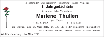 Traueranzeige von Marlene Thullen von TRIERISCHER VOLKSFREUND