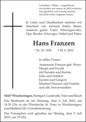 Traueranzeige von Hans Franzen von TRIERISCHER VOLKSFREUND