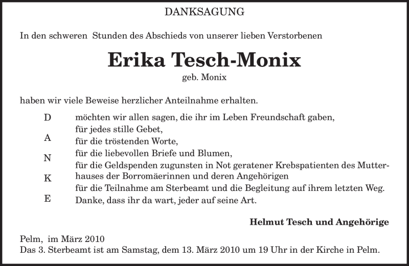  Traueranzeige für Erika Tesch-Monix vom 09.03.2010 aus TRIERISCHER VOLKSFREUND
