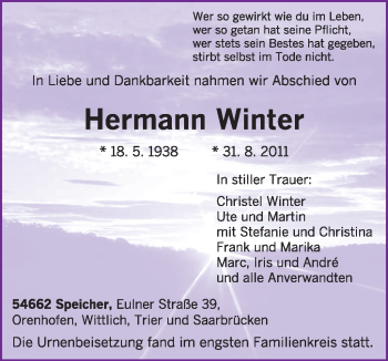 Traueranzeige von Hermann Winter von TRIERISCHER VOLKSFREUND