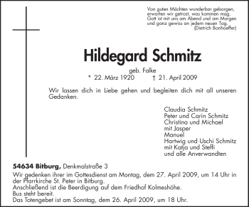 Traueranzeige von Hildegard Schmitz von TRIERISCHER VOLKSFREUND