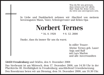 Traueranzeige von Norbert Ternes von TRIERISCHER VOLKSFREUND