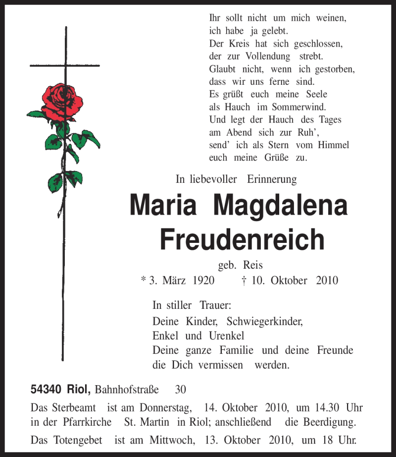  Traueranzeige für Maria Magdalena Freudenreich vom 12.10.2010 aus TRIERISCHER VOLKSFREUND