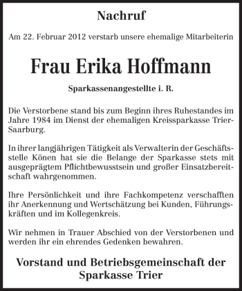 Traueranzeige von Erika Hoffmann von TRIERISCHER VOLKSFREUND