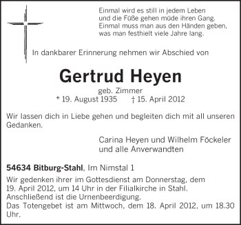 Traueranzeige von Gertrud Heyen von TRIERISCHER VOLKSFREUND