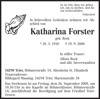 Traueranzeige von Katharina Forster von TRIERISCHER VOLKSFREUND
