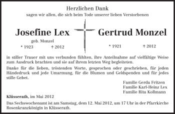 Traueranzeige von Josefine Lex von TRIERISCHER VOLKSFREUND