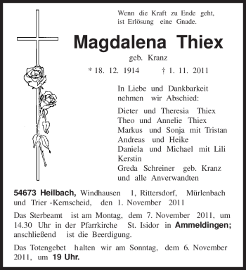 Traueranzeige von Magdalena Thiex von TRIERISCHER VOLKSFREUND