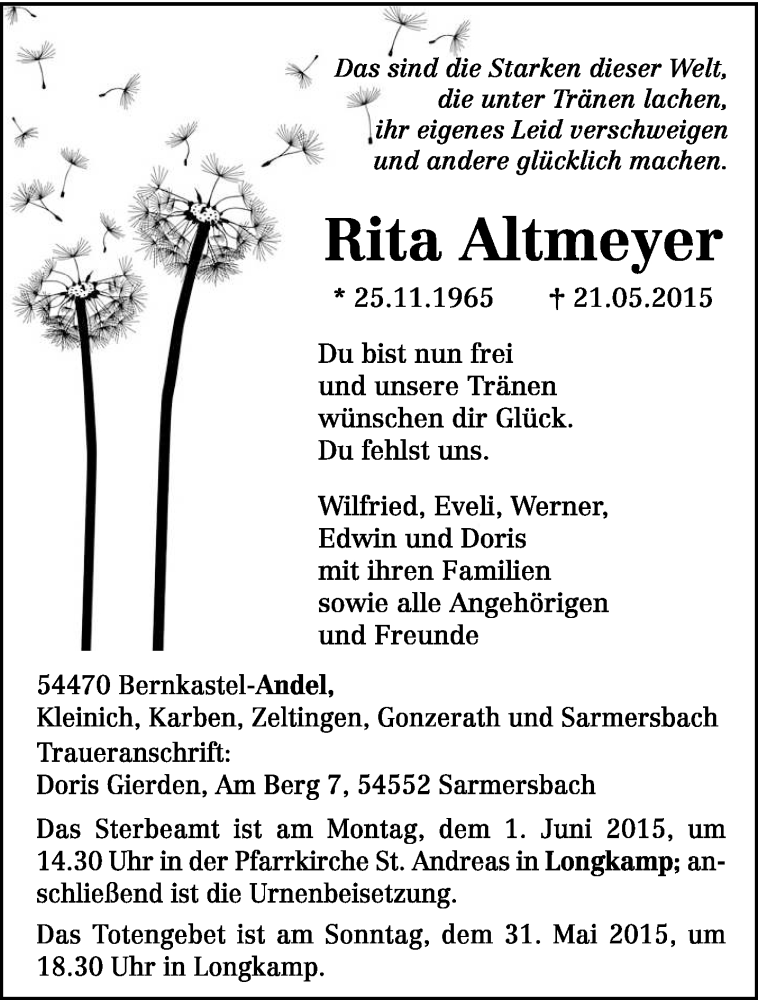  Traueranzeige für Rita Altmeyer vom 27.05.2015 aus trierischer_volksfreund