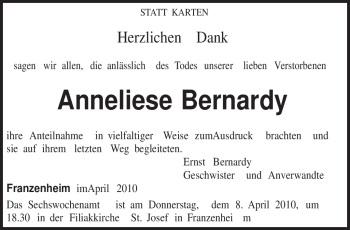 Traueranzeige von Anneliese Bernardy von TRIERISCHER VOLKSFREUND