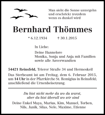 Traueranzeige von Bernhard Thömmes von trierischer_volksfreund